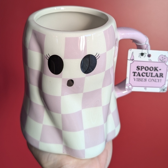 ❌SOLD❌Viral 🎥 Girl Ghost Pinkoween Sculpted Mug with Purple Check Pattern - Picture 2 of 6